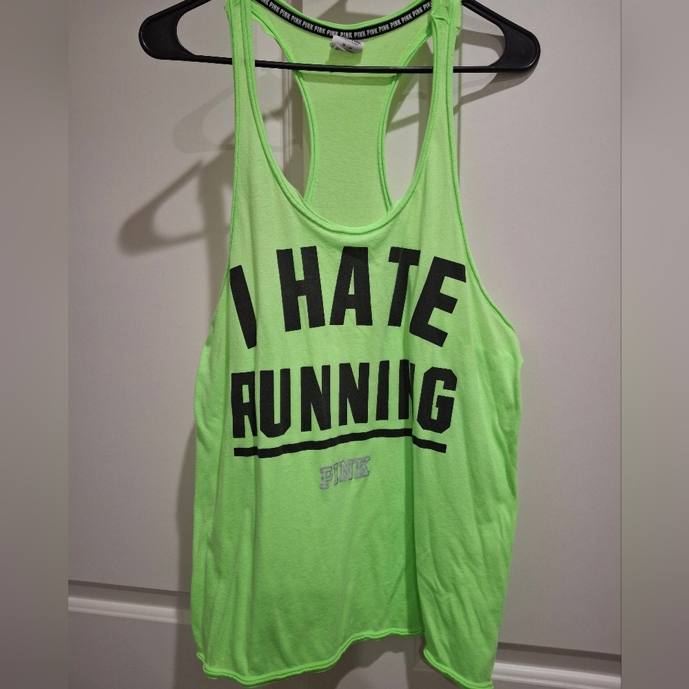 PINK Victoria's Secret Neon Green Racerback Tank with Bold Black Text M